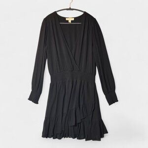 Michael Kors Ruffled Faux-Wrap Mini Dress L Black Smocked Flowy Feminine NWT